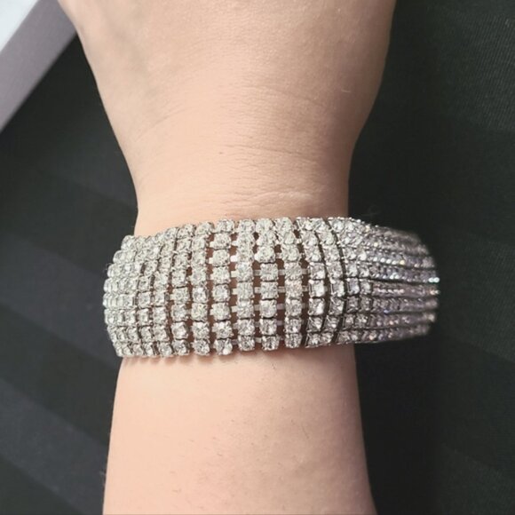 Vintage Rhinestone Kramer of New York Cuff 9 Row Crystal Evening Luxury Bracelet - Picture 7 of 14
